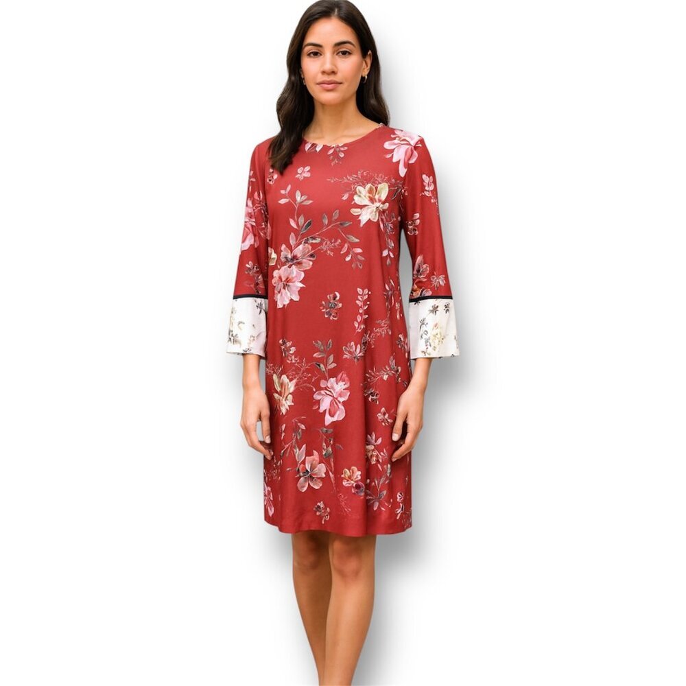 J. Jill Small Red Marroon Floral Shift Midi Dress Boho Cottagecore Festival Fall